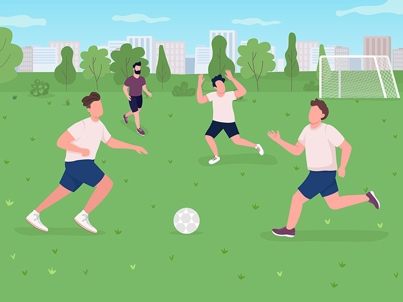 Outdoor football match flat color vector illustration