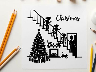 Christmas silhouette of family and children on stairs