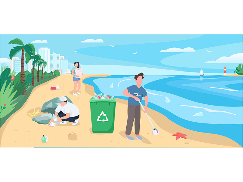 People cleaning sandy beach flat color vector illustration