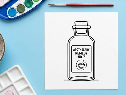 Apothecary glass bottle icon. Vintage medicine vial with mortar and pestle symbol.