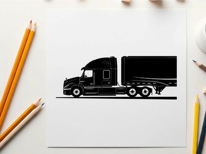 Black silhouette of a large semi truck on a white background
