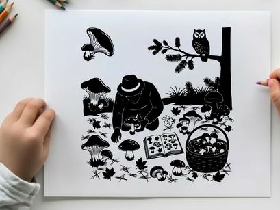 Silhouette of a person foraging for mushrooms in a forest with an owl