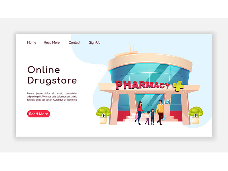 Online drugstore landing page flat color vector template