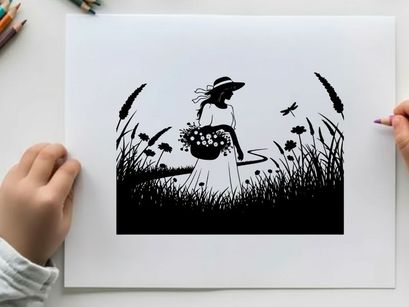 Silhouette of a woman in a field with flowers and a bird