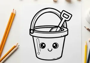 Cute smiling paint bucket with brush vector illustration