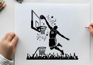 Silhouette of a basketball player dunking ball with crowd cheering