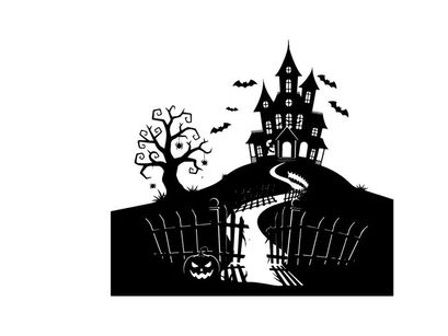 Spooky silhouette of haunted house on hill with moon