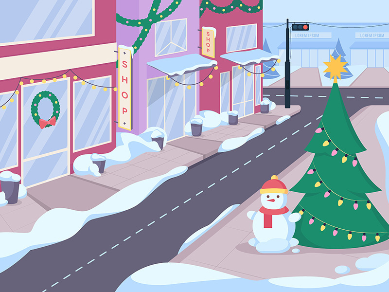 Winter city street with boutiques flat color vector illustration