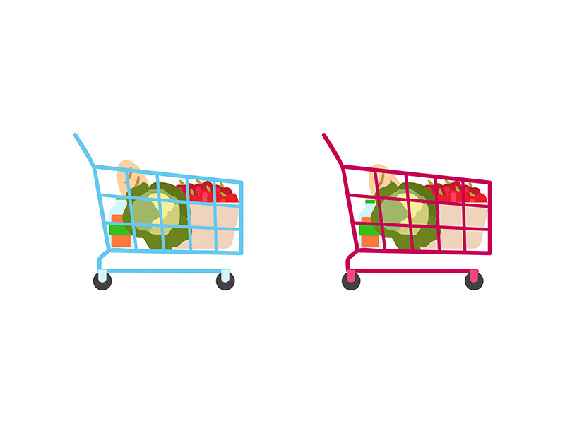 Supermarket trolley flat color vector objects set
