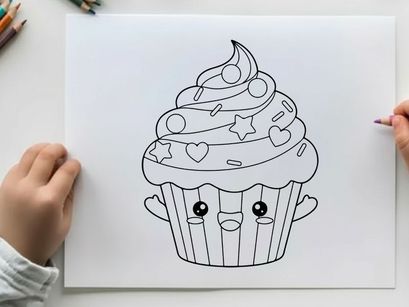 Cute cupcake mascot with stars and hearts vector illustration