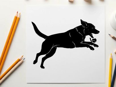 Black silhouette of a dog running quickly to the right