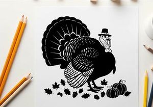 Silhouette of a turkey with pumpkins and leaves