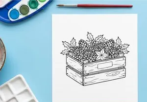 Hand-drawn wooden gift box overflowing with festive Christmas tree shavings and curls