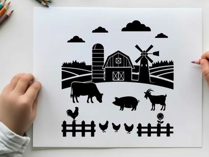 Farm silhouette with animals and windmill