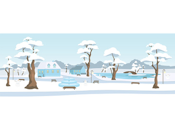 Town park in winter season flat color vector illustration preview picture