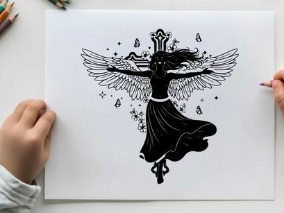 Silhouette of a mystical winged woman with flowing hair silhouette