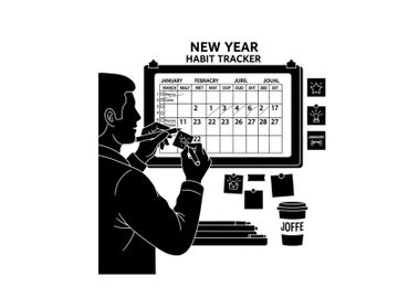 Silhouette of a man using a habit tracker on a calendar board silhouette preview picture