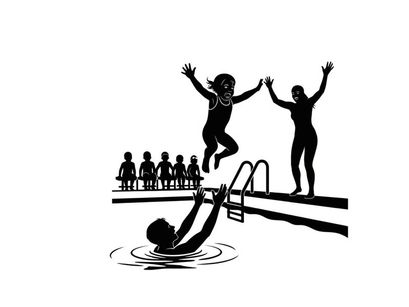 Silhouette of children playing and jumping into a swimming pool