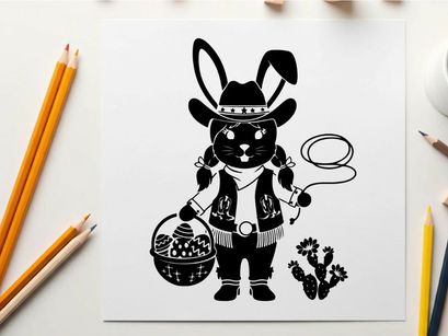 Easter bunny silhouette in cowboy hat with basket