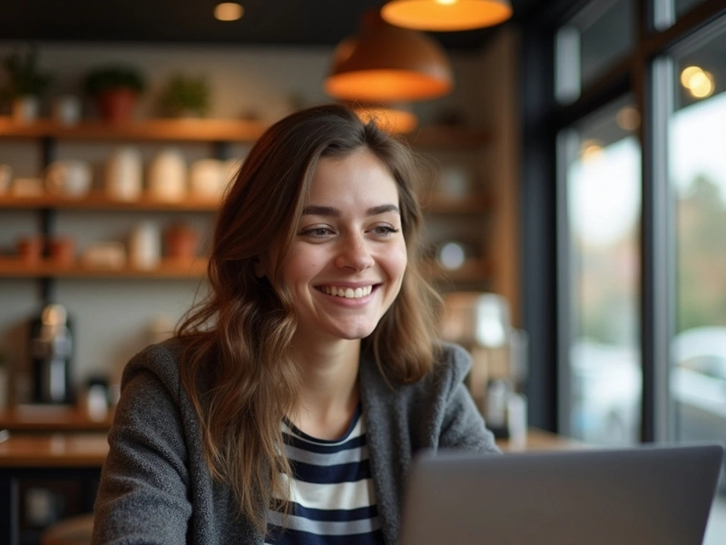 A smiling woman is working on a laptop
