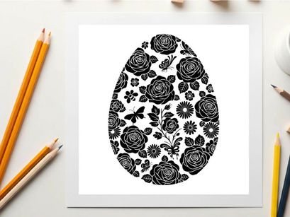 Black and white silhouette floral easter egg decoration with roses and butterflies