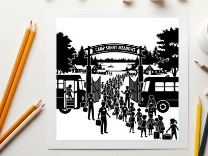 Camp sunny meadows silhouette illustration of children arriving at summer camp