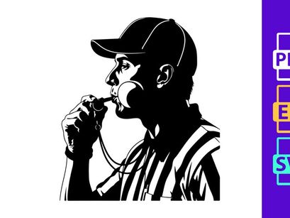 Referee blowing whistle in black and white illustration