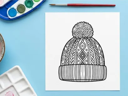 Ilustrasi seni garis terisolasi topi rajutan musim dingin dengan pompom untuk desain Natal.