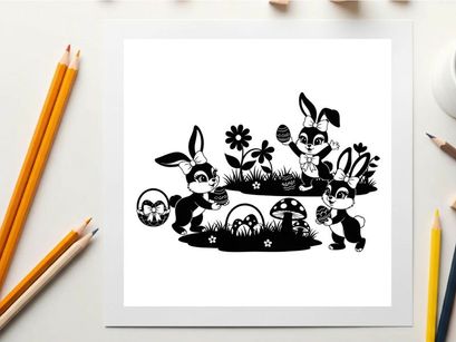 Three cartoon bunnies in a garden with flowers and mushrooms silhouette