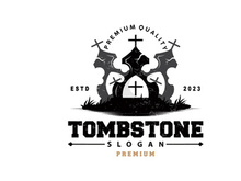 Tombstone Logo, Tomb Cemetery Cross, Vector Vintage