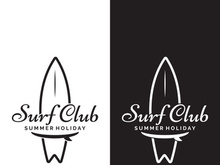 Vintage surfboard logo,surfing on summer beach.For business,badge,holiday, ,label,emblem.