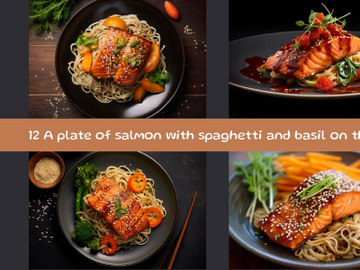 A plate of salmon with spaghetti and basil on the side preview picture