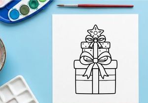 Ilustração de arte vetorial de caixas de presente de Natal com laços e enfeites em estrela para página de colorir