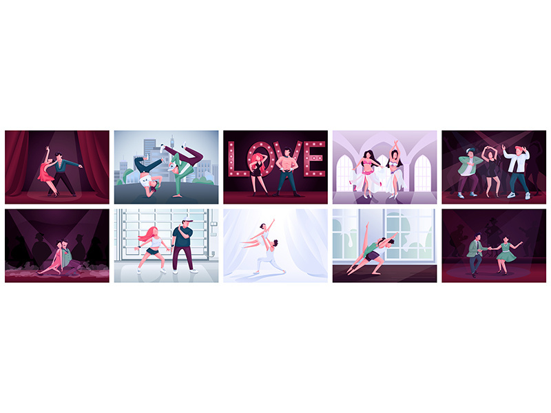 Couples dancing flat color vector illustrations set