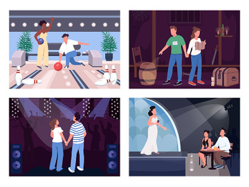 Fun evening dates flat color vector illustration set preview picture