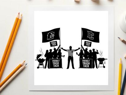 Silhouette of people holding michigan tech flags and grilling