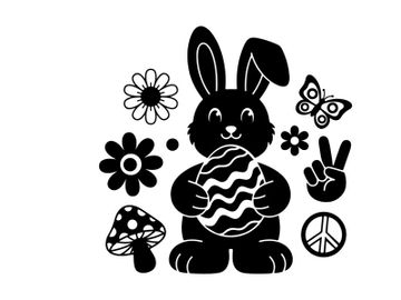 Easter bunny silhouette with floral and peace symbols preview picture