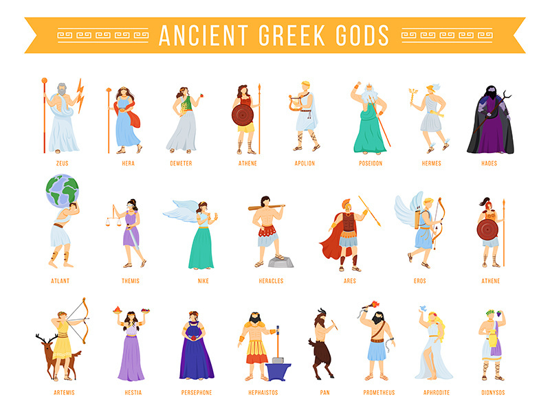 Ancient Greek pantheon gods and goddesses flat vector illustrations set