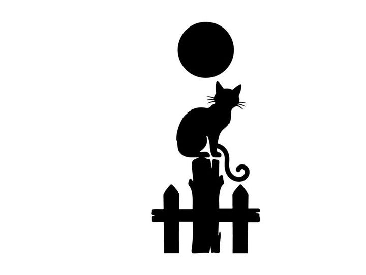 Silhouette einer sitzenden Katze auf einem Zaun unter einem Vollmond