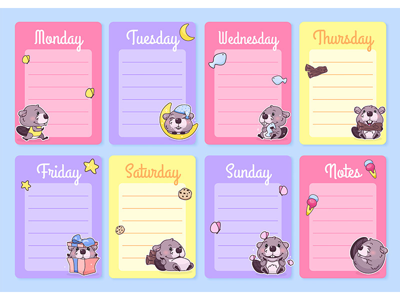 Cute baby beaver weekly planner vector template with kawaii cartoon character