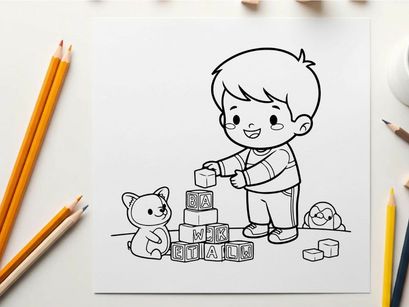 Boy playing with alphabet blocks and toys vector illustration