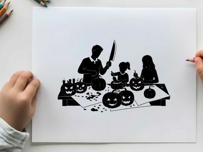 Family carving jack o lanterns in silhouette on halloween night