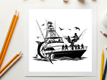 Silhouette of a fishing boat with a large catch and seagulls