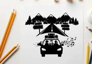 Family road trip adventure silhouette to mountains and forest