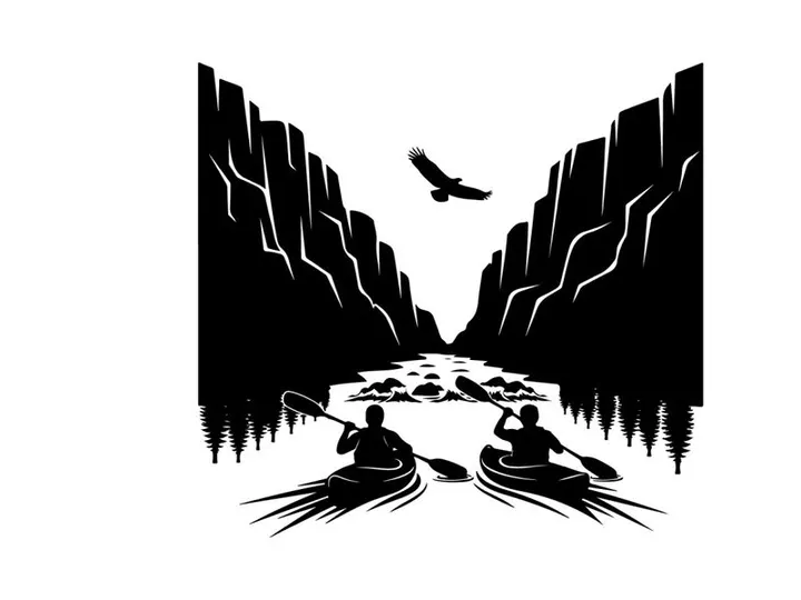 Kayakers in a canyon with a bird flying overhead silhouette