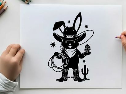 Black silhouette bunny cowboy with cactus and lasso silhouette