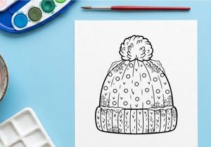 Ilustrasi seni garis topi musim dingin dengan pom pom untuk halaman mewarnai Natal