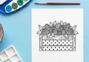 Christmas pine cones and holly leaves in a wooden crate line art illustration
