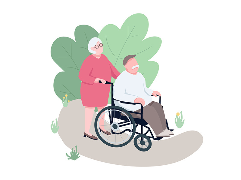 Wife helping disabled husband flat color vector faceless characters