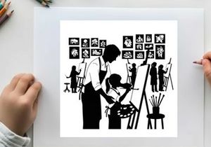 Silhouette of art teacher and student in art class with paintings